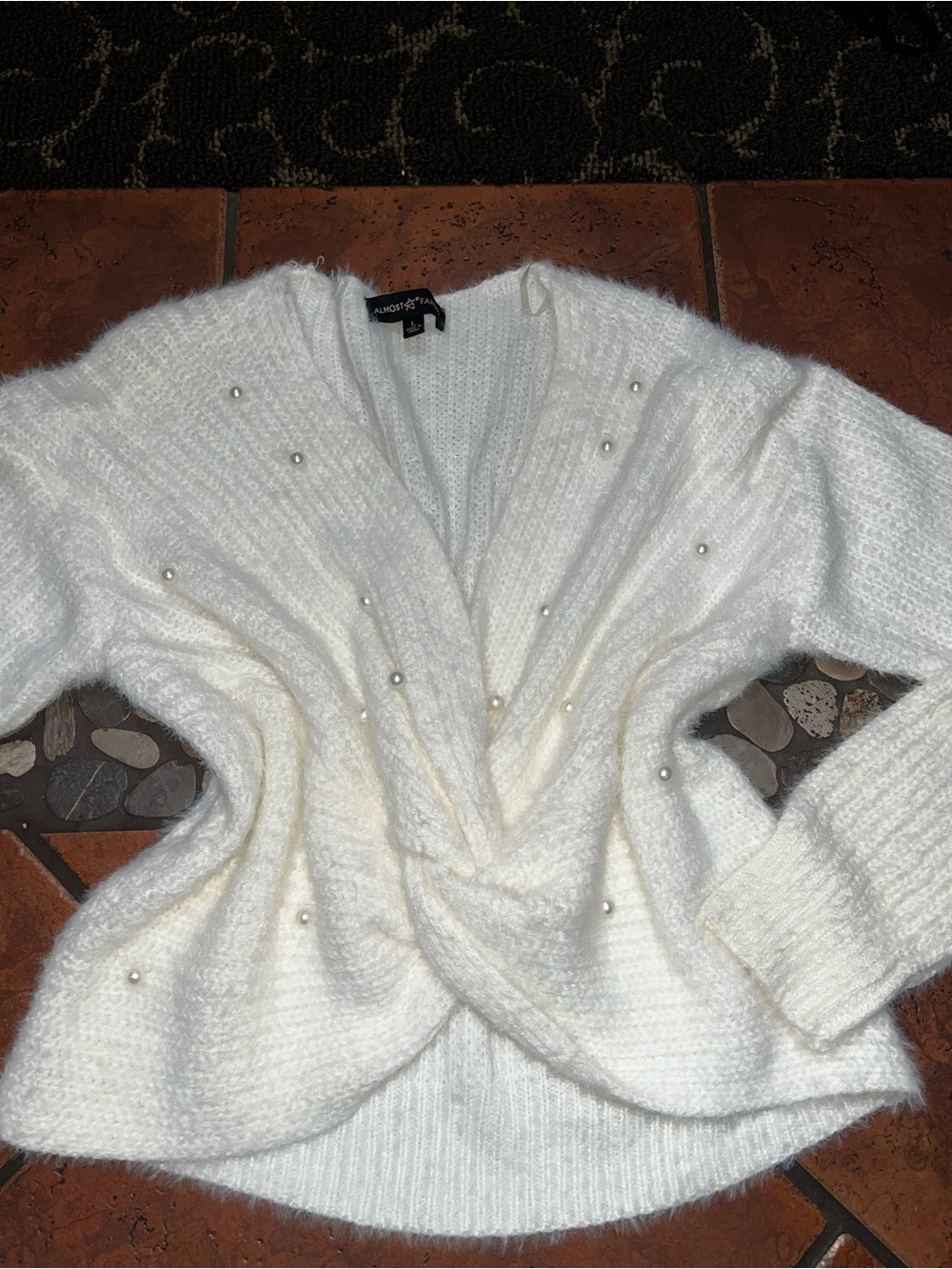 Almost Famous Ivory Pearl-Accent V-Neck Twist Sweater